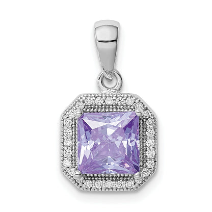 Sterling Silver Rhodium Plated Clear Cz And Square Light Purple Pendant