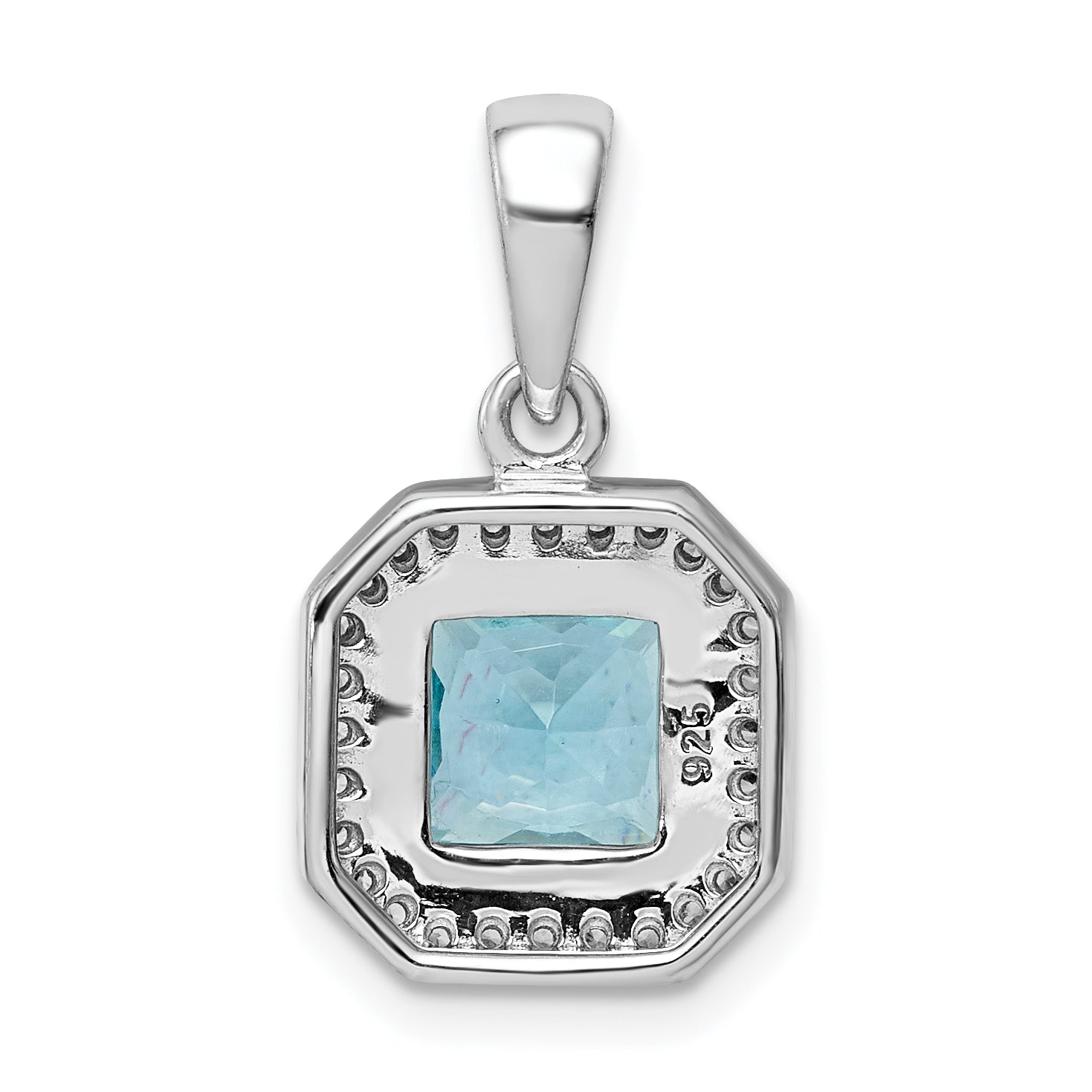 Sterling Silver Rhodium Plated Clear Cz And Square Blue Pendant