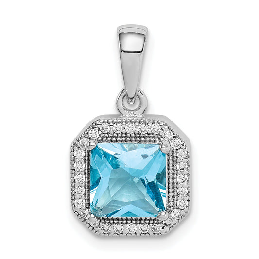 Sterling Silver Rhodium Plated Clear Cz And Square Blue Pendant