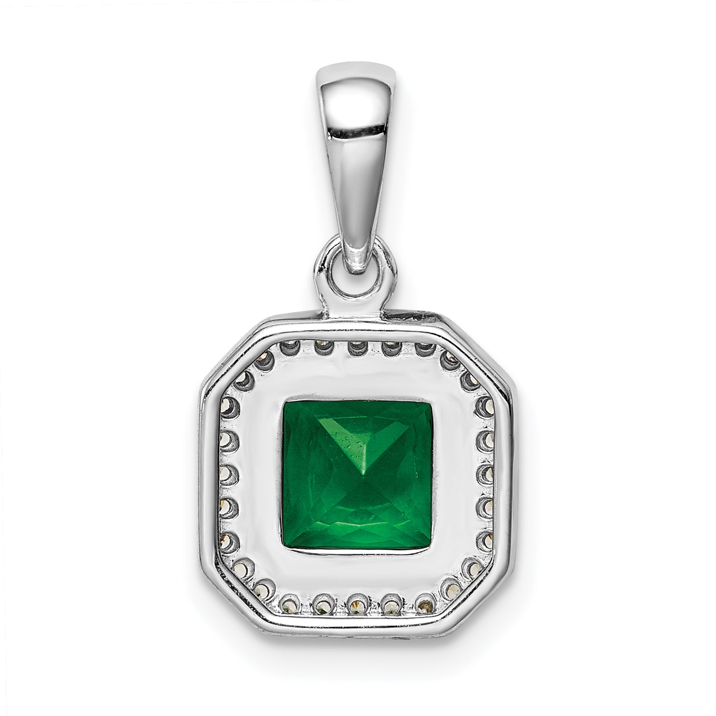 Sterling Silver Rhodium Plated Clear Cz And Square Green Pendant