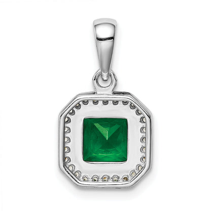 Sterling Silver Rhodium Plated Clear Cz And Square Green Pendant