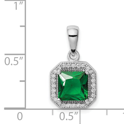 Sterling Silver Rhodium Plated Clear Cz And Square Green Pendant