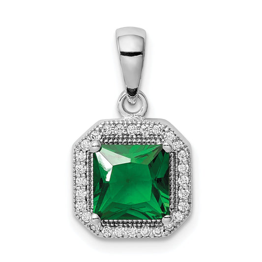 Sterling Silver Rhodium Plated Clear Cz And Square Green Pendant