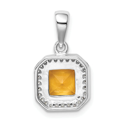 Sterling Silver Rhodium Plated Clear Cz And Square Yellow Pendant