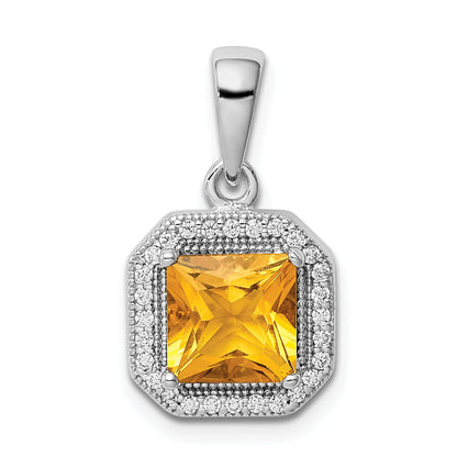 Sterling Silver Rhodium Plated Clear Cz And Square Yellow Pendant