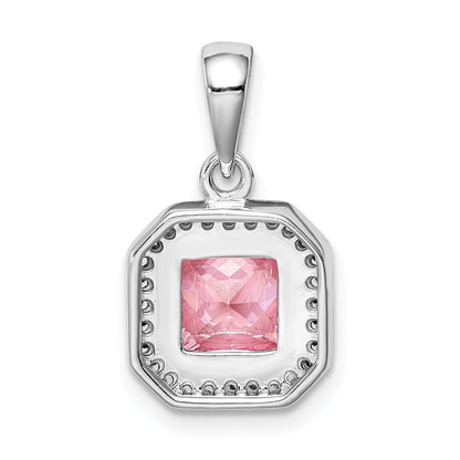 Sterling Silver Rhodium Plated Clear Cz And Square Pink Pendant