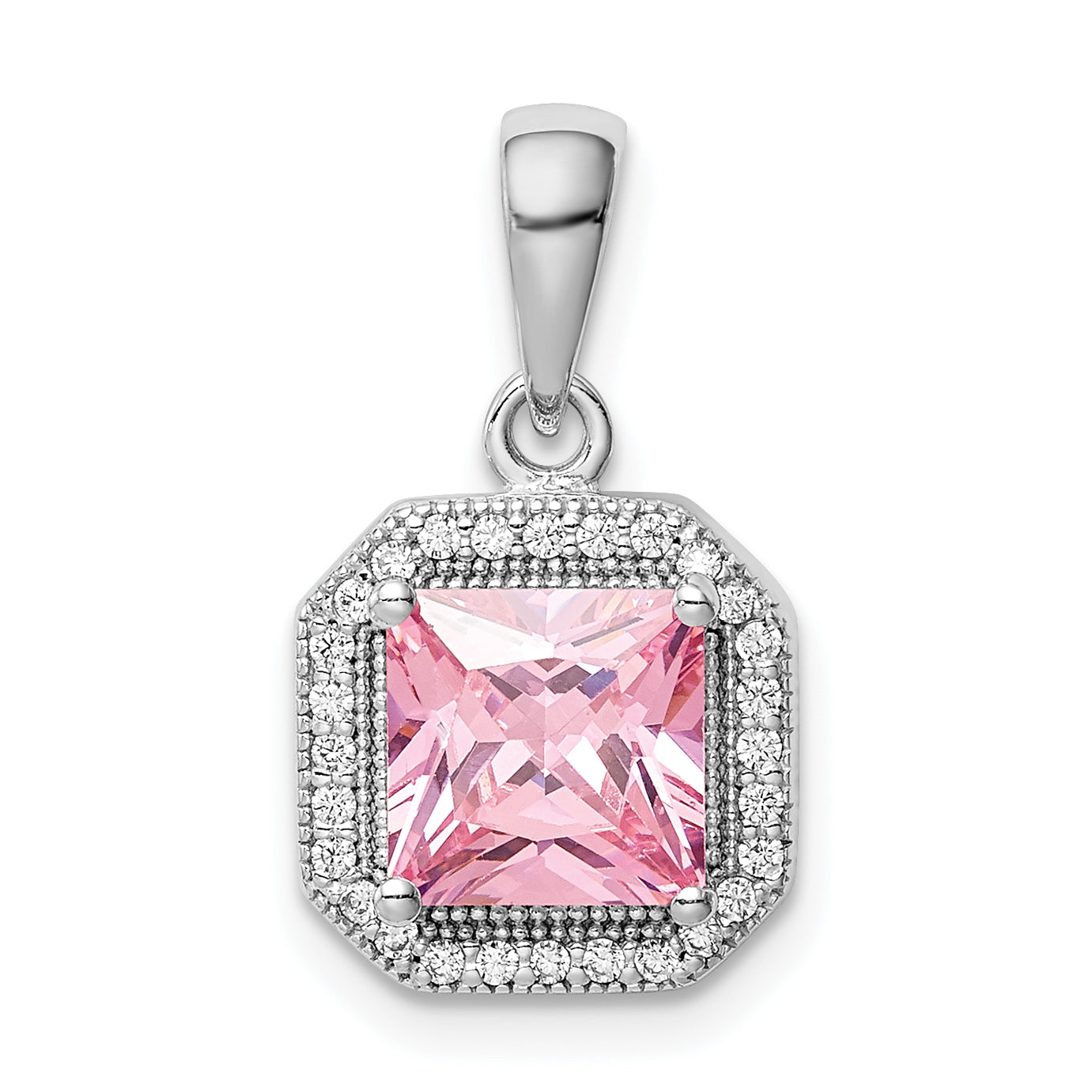 Sterling Silver Rhodium Plated Clear Cz And Square Pink Pendant