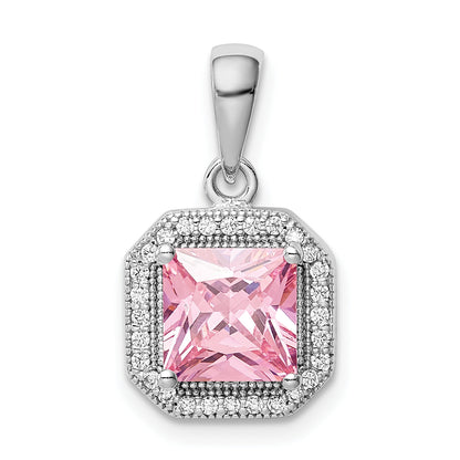 Sterling Silver Rhodium Plated Clear Cz And Square Pink Pendant