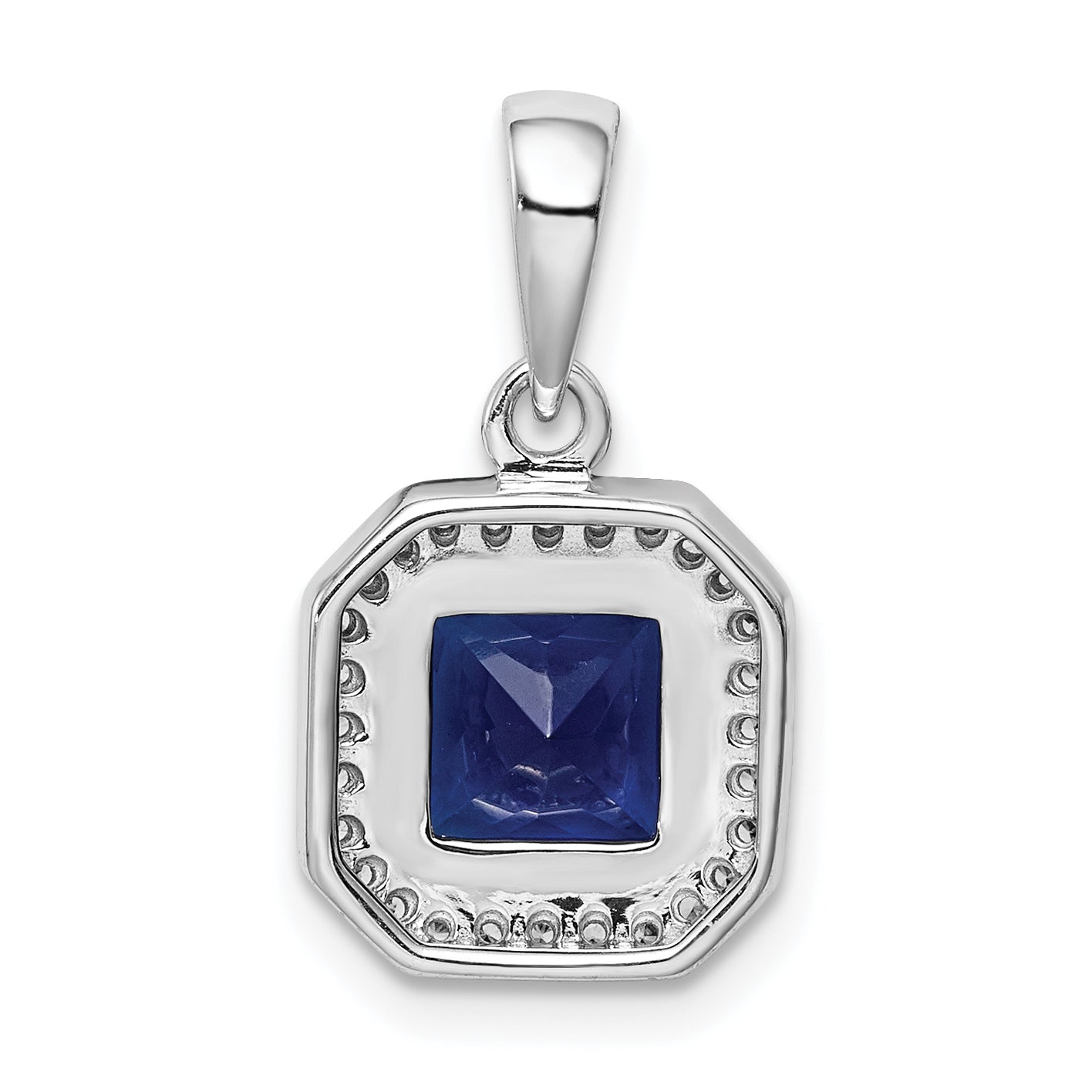 Sterling Silver Rhodium Plated Clear Cz And Square Blue Pendant