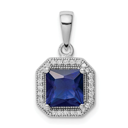 Sterling Silver Rhodium Plated Clear Cz And Square Blue Pendant