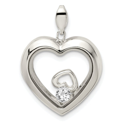 Sterling Silver Rhodium-Plated Cz 19mm Heart Glass Pendant