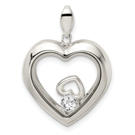 Sterling Silver Rhodium-Plated Cz 19mm Heart Glass Pendant