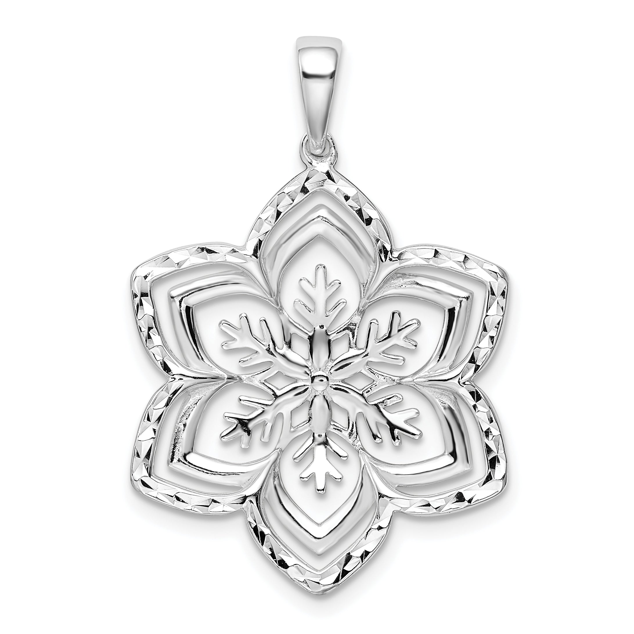 Sterling Silver Rhodium-Plated Diamond-Cut Snowflake Pendant