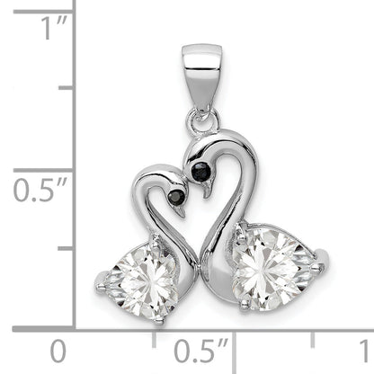 Sterling Silver Rhodium-Plated Polished Cz Swan Couple Pendant