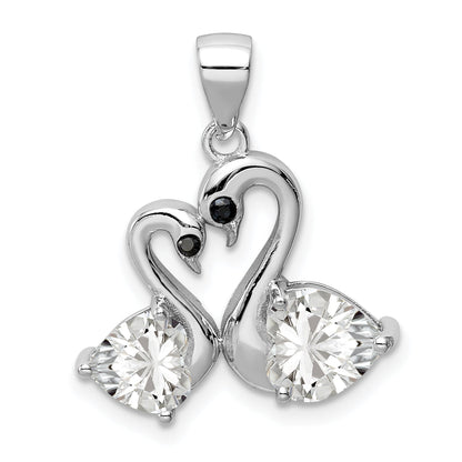 Sterling Silver Rhodium-Plated Polished Cz Swan Couple Pendant