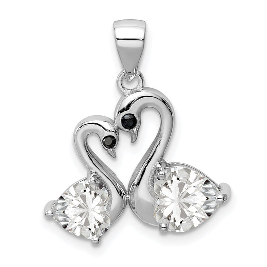 Sterling Silver Rhodium-Plated Polished Cz Swan Couple Pendant