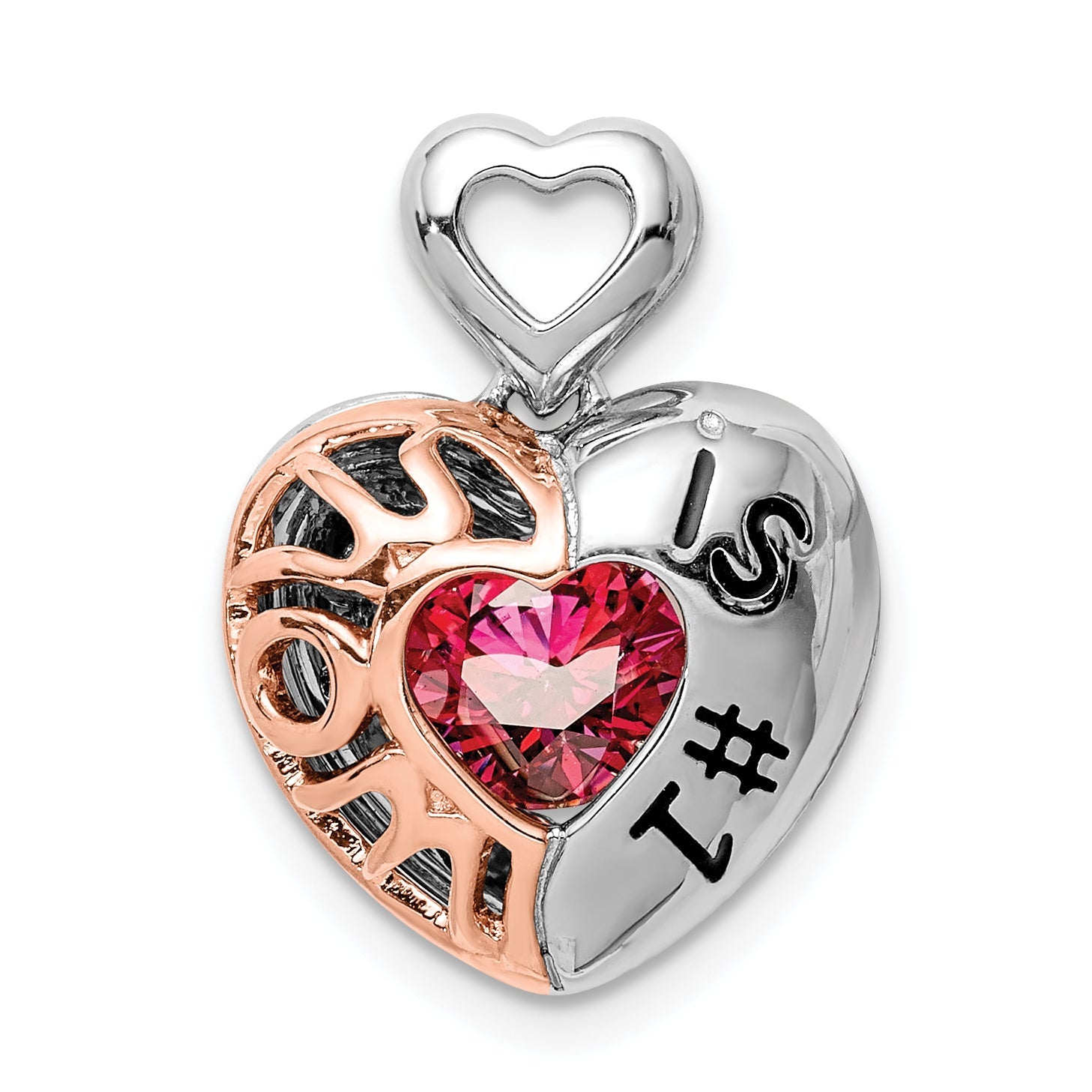 Sterling Silver Rhod-Plated & Rose-Tone Mom Is #1 Vibrant Red Cz Pendant