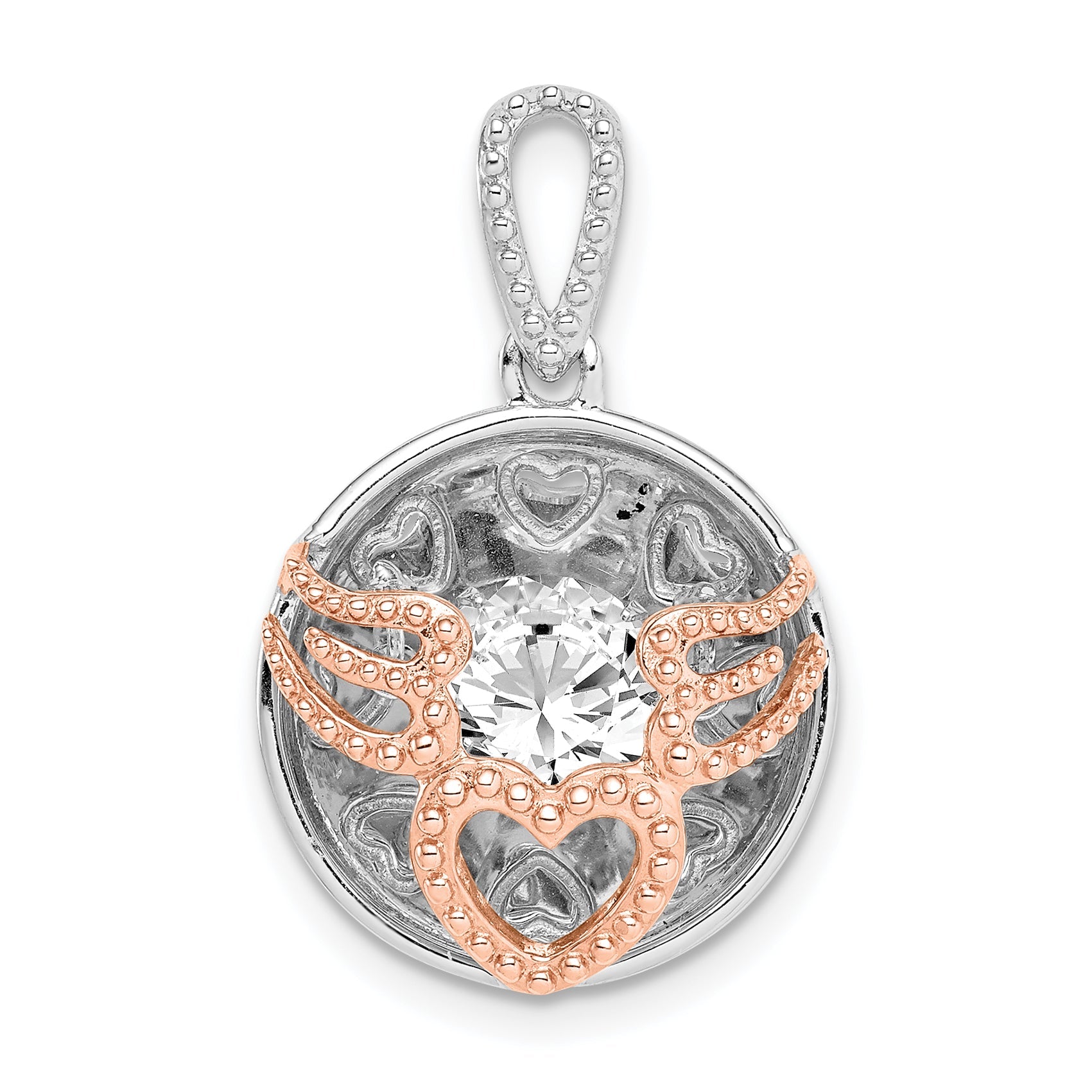 Sterling Silver Rhod-Plated & Rose-Tone Heart Wings W/Vibrant Cz Pendant