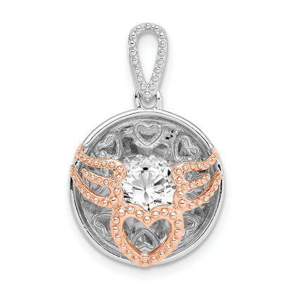 Sterling Silver Rhod-Plated & Rose-Tone Heart Wings W/Vibrant Cz Pendant