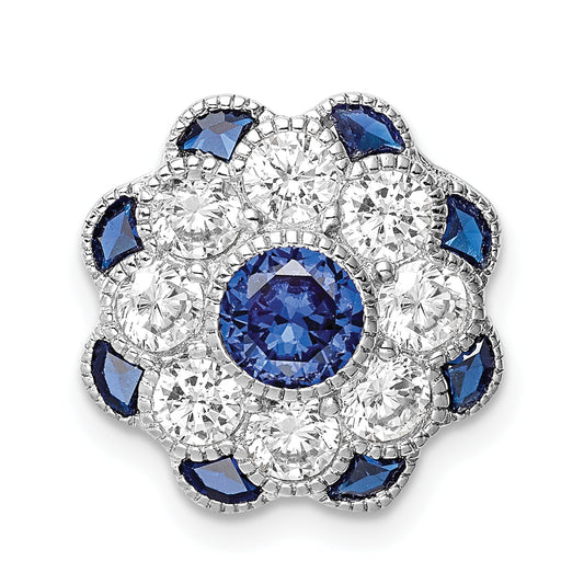 Sterling Silver Rh-Plated Cz/Synthetic Blue Spinel Flower Chain Slide