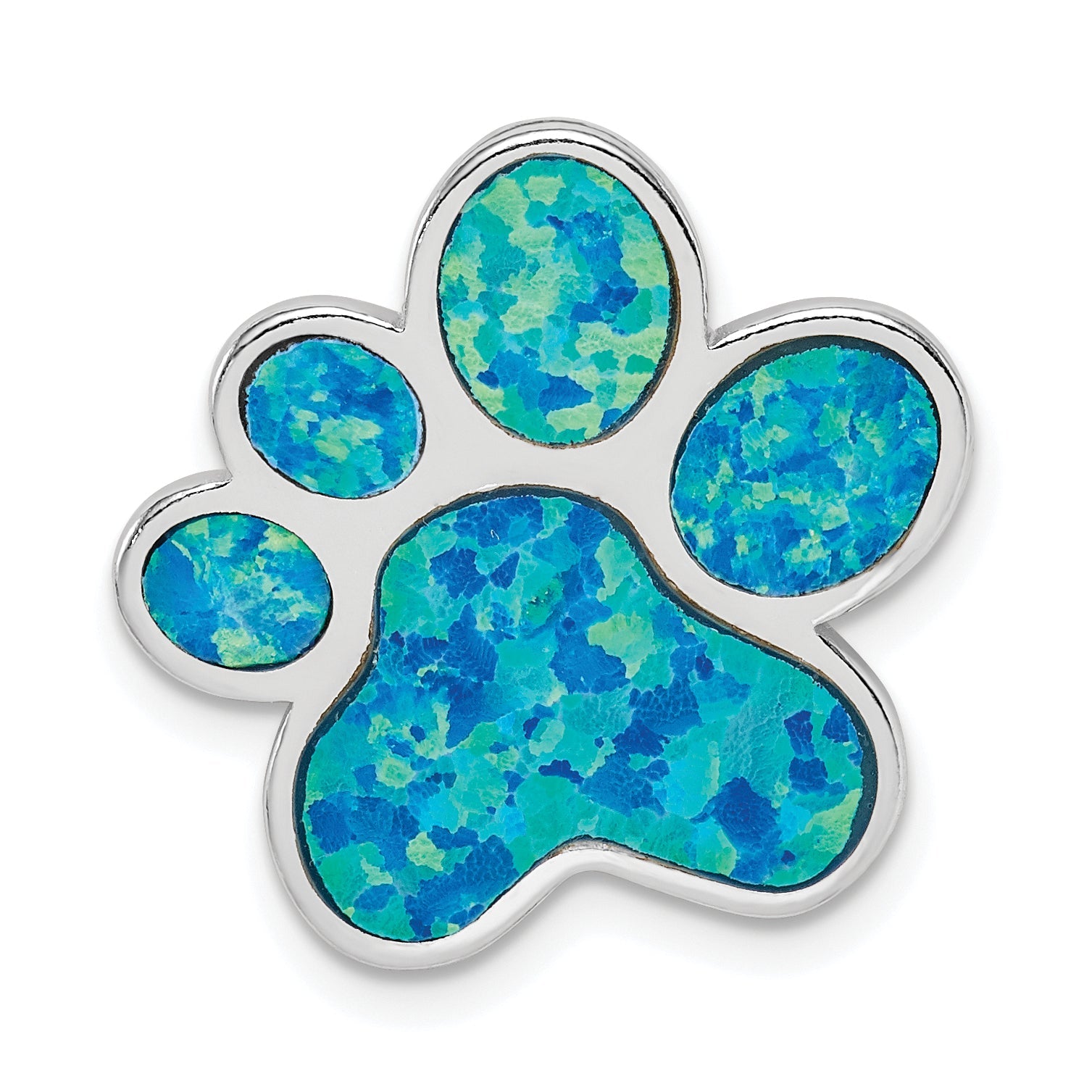 Sterling Silver Rhodium-Plated Created Opal Inlay Paw Print Chain Slide