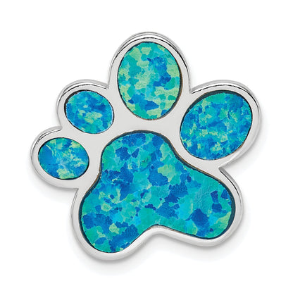 Sterling Silver Rhodium-Plated Created Opal Inlay Paw Print Chain Slide