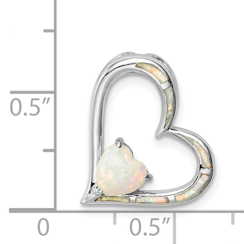 Sterling Silver Rhodium-Plated Created Opal Heart Chain Slide
