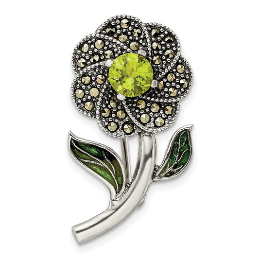 Sterling Silver Antiqued Enamel Marcasite And Green Glass Stone Flower Pin