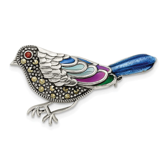 Sterling Silver Antiqued Multicolored Enameled Marcasite And Garnet Bird Pin Brooch