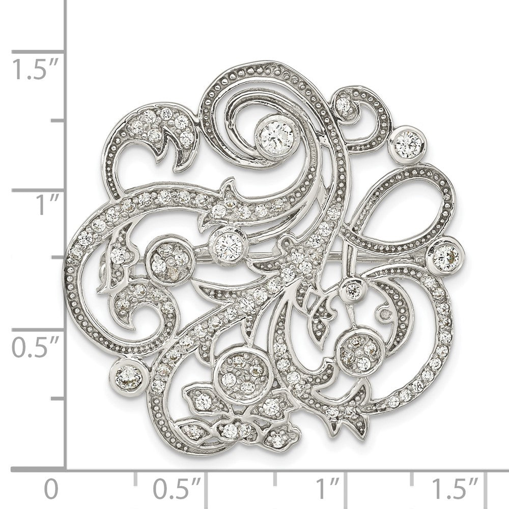 Sterling Silver Polished Cz Filigree Floral Vintage Style Pin Brooch