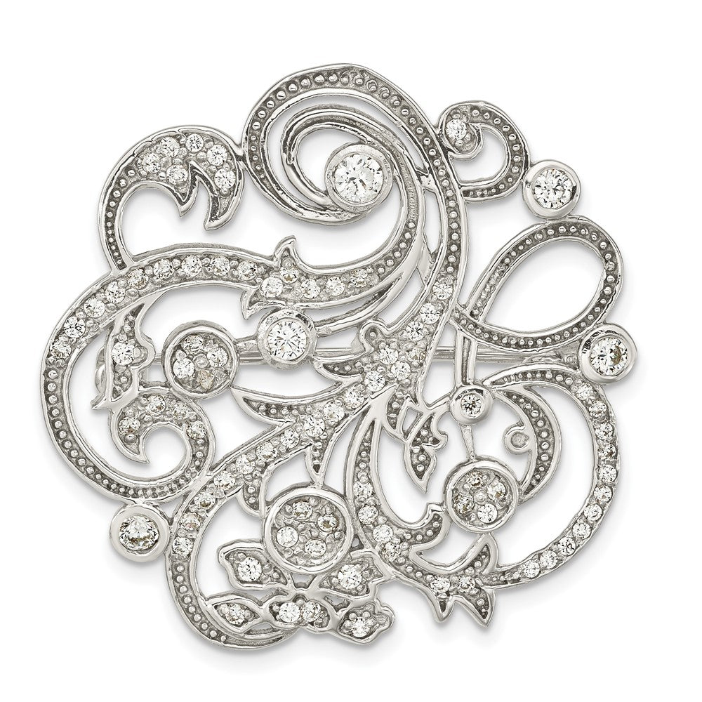 Sterling Silver Polished Cz Filigree Floral Vintage Style Pin Brooch
