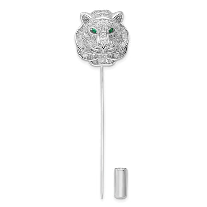Sterling Silver Rhodium-Plated Polished Clear And Green Cz Tiger Pin