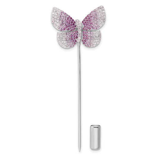 Sterling Silver Rhodium-Plated Polished Pink Cz Butterfly Pin