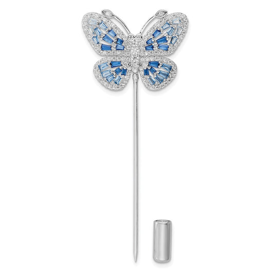 Sterling Silver Rhodium-Plated Polished Blue And Clear Cz Butterfly Pin