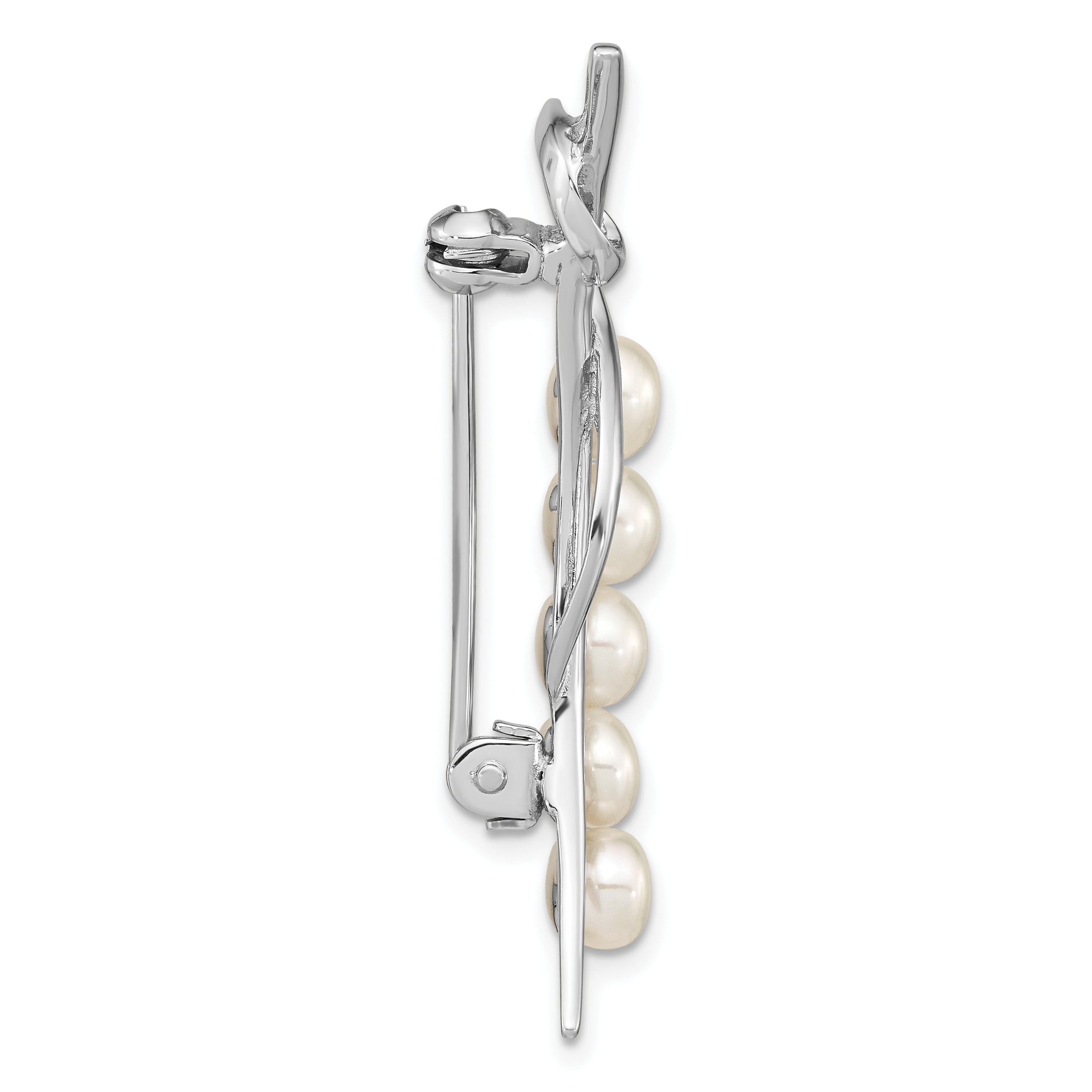 Sterling Silver Rhodium-Plated Polished Loop With 5-6mm White Button Freshewater Cultured Pearls Pin Brooch