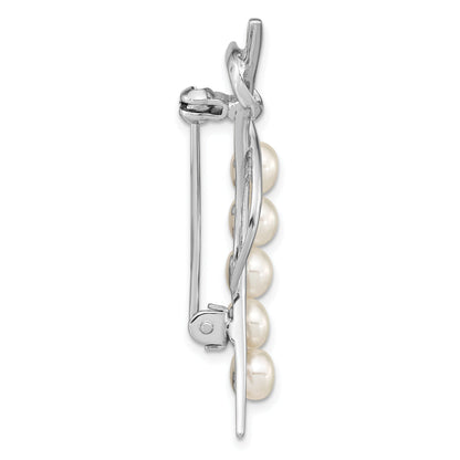 Sterling Silver Rhodium-Plated Polished Loop With 5-6mm White Button Freshewater Cultured Pearls Pin Brooch