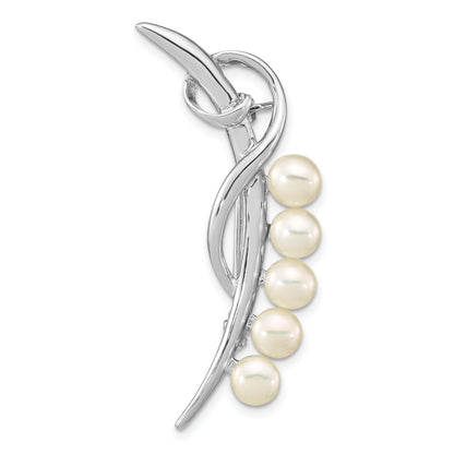 Sterling Silver Rhodium-Plated Polished Loop With 5-6mm White Button Freshewater Cultured Pearls Pin Brooch