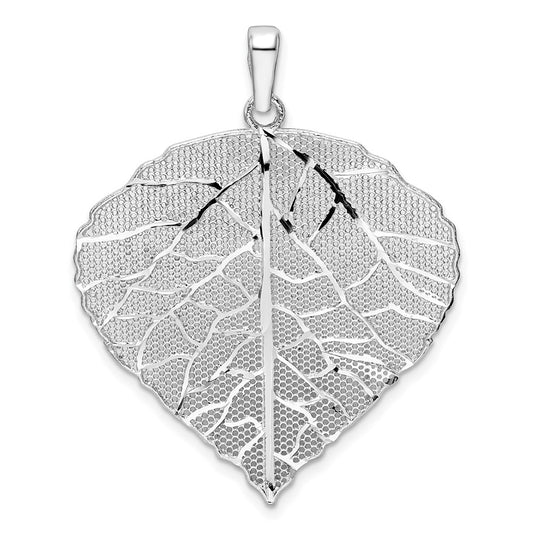 Sterling Silver Rhodium-Plated Polished & D/C Lrg Leaf Pendant