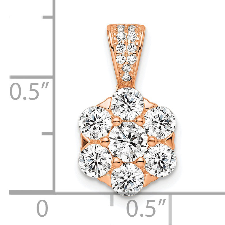 Sterling Silver Polished Rose-Tone Cz Flower Pendant