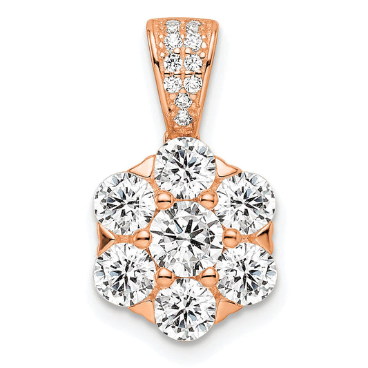 Sterling Silver Polished Rose-Tone Cz Flower Pendant