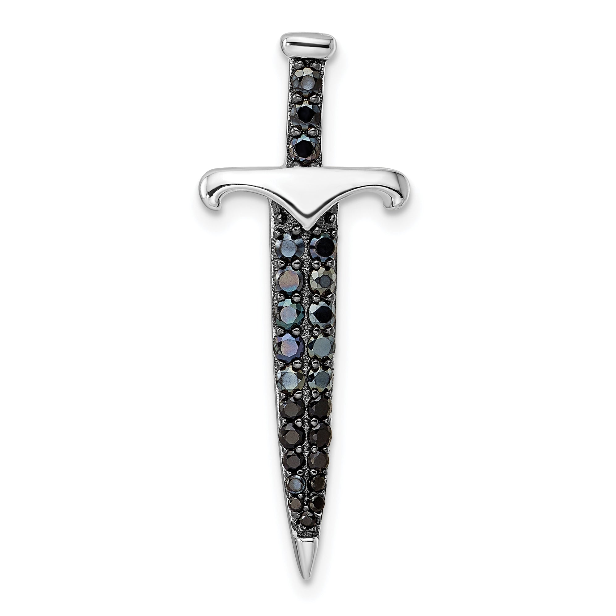 Sterling Silver Black/White Rhodium-Plated Black Cz Sword Pendant