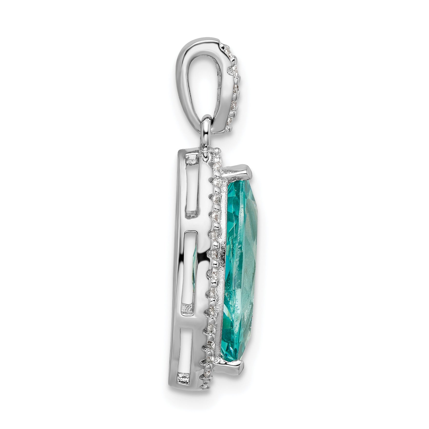 Sterling Silver Rhodium Plated Aqua & White Cz Pendant
