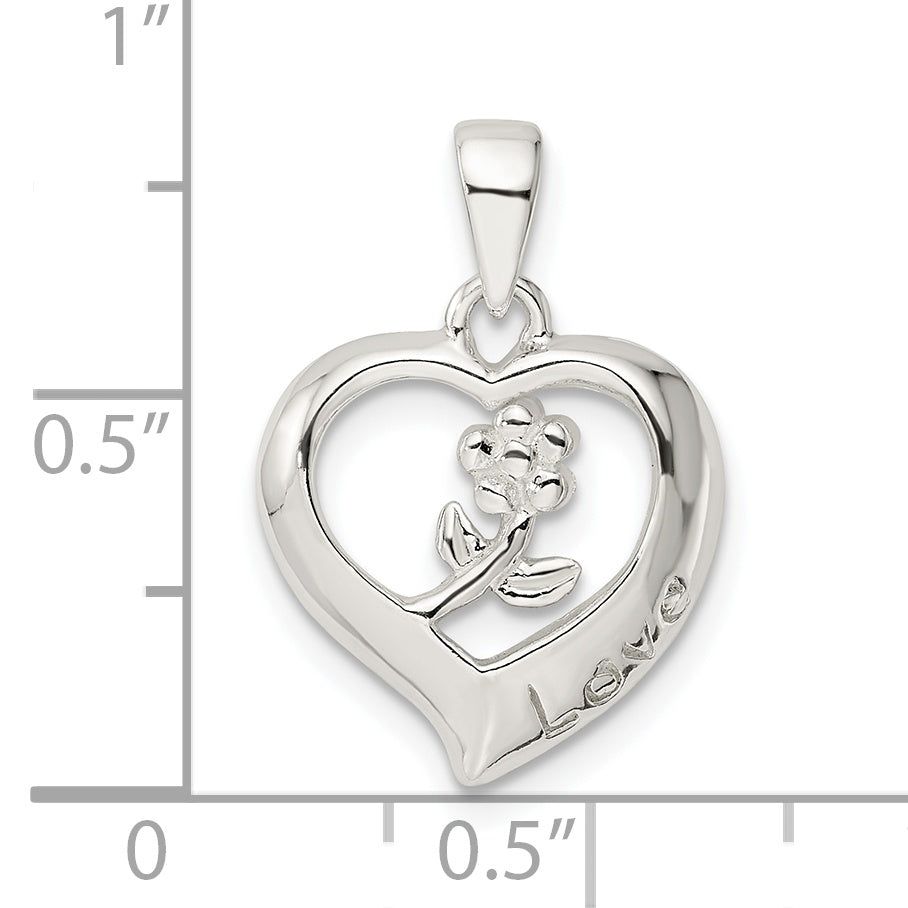 Sterling Silver Love Heart W/Flower Pendant