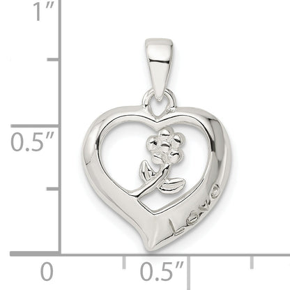 Sterling Silver Love Heart W/Flower Pendant