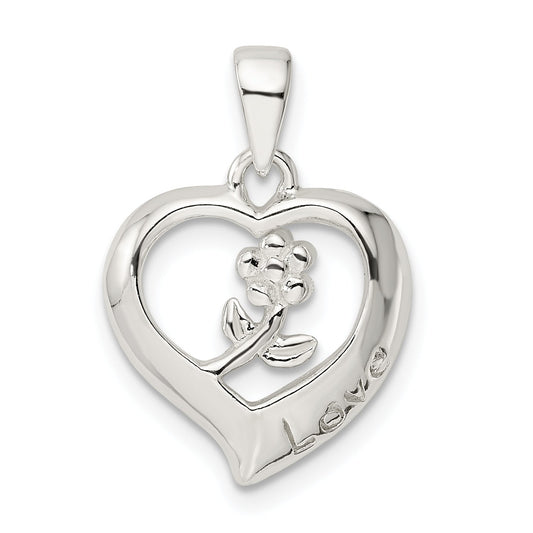 Sterling Silver Love Heart W/Flower Pendant