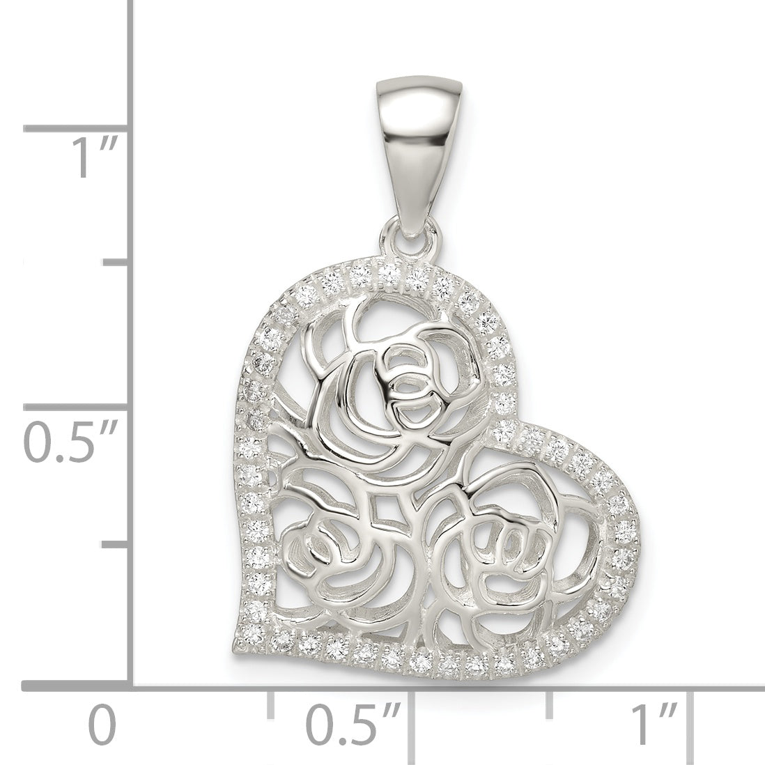 Sterling Silver Cz Roses In Heart Pendant