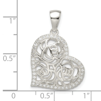 Sterling Silver Cz Roses In Heart Pendant