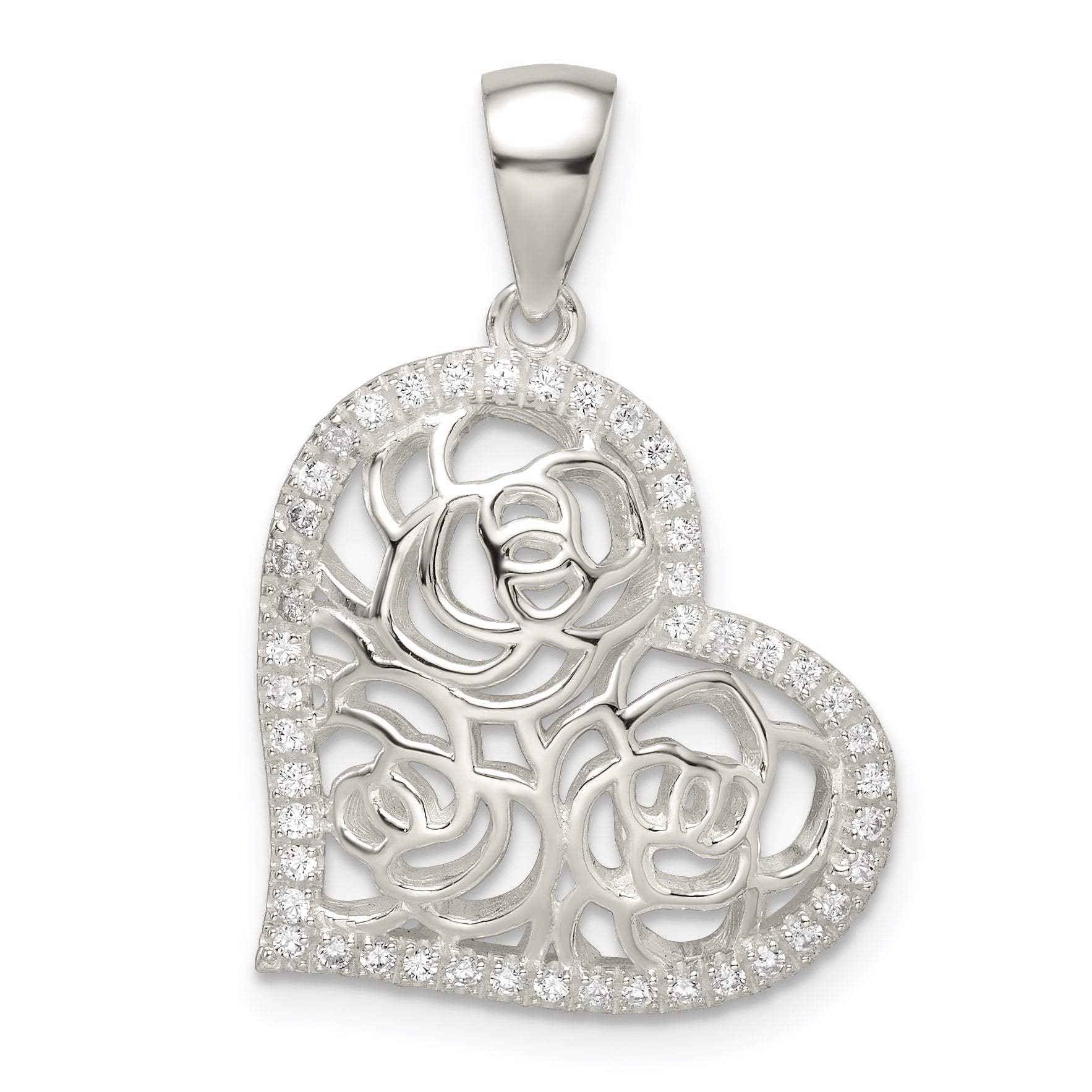 Sterling Silver Cz Roses In Heart Pendant