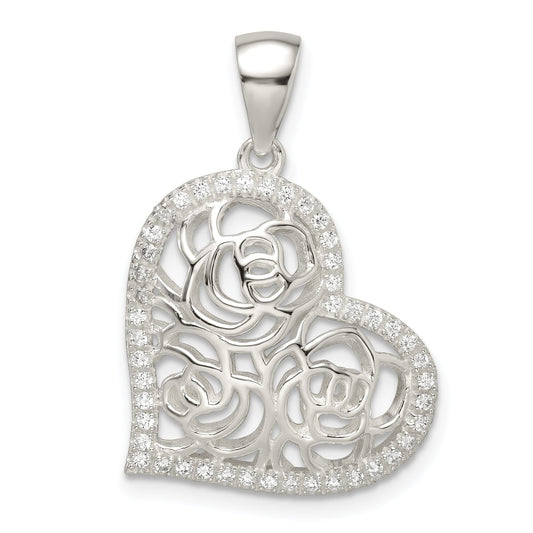 Sterling Silver Cz Roses In Heart Pendant