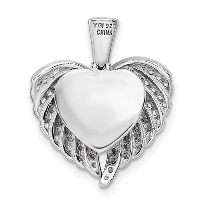 Sterling Silver Polished Rhodium-Plated Cz Opening Wings & Heart Pendant